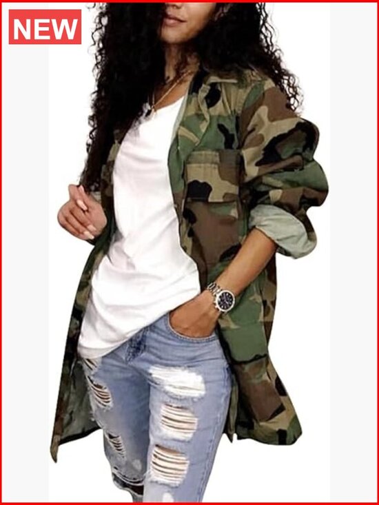 Jackets & Blazers - Distressed Fray Hem Army Fatigue Trucker Coat Long Sleeve